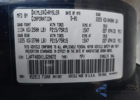 2001 Jeep Cherokee Sport from USA, damaged, VIN 1J4FF48SX1L620872